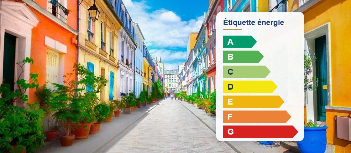 Étiquette énergie DPE de A à G sur une rue de maisons colorées : impact des diagnostics immobiliers sur le prix de vente